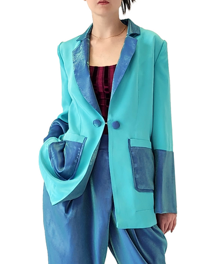 Metallic Blue Contrast Collar Blazer