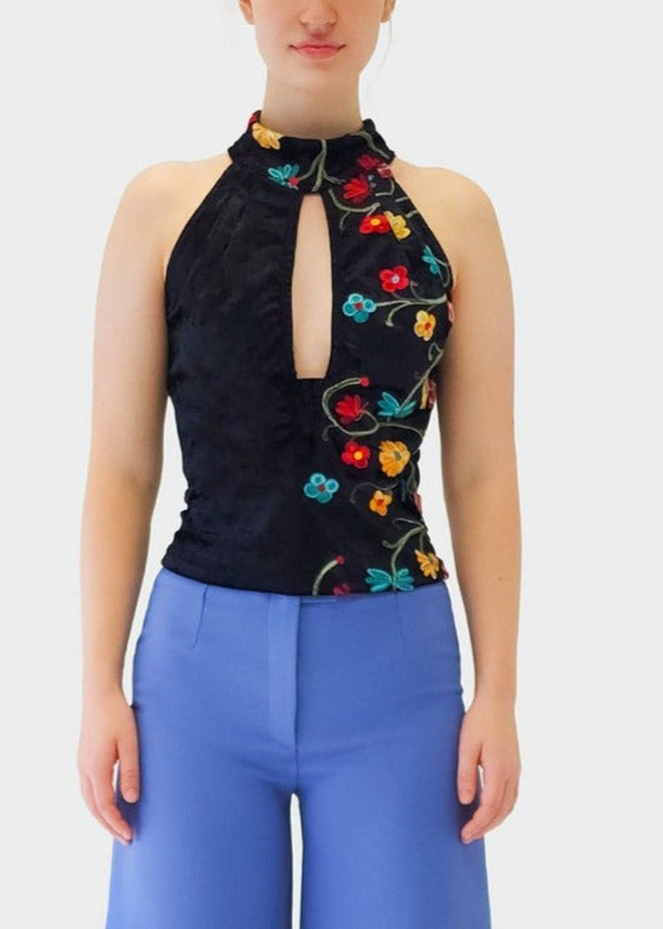 Chloe Crushed Floral Velvet Keyhole Turtleneck Top